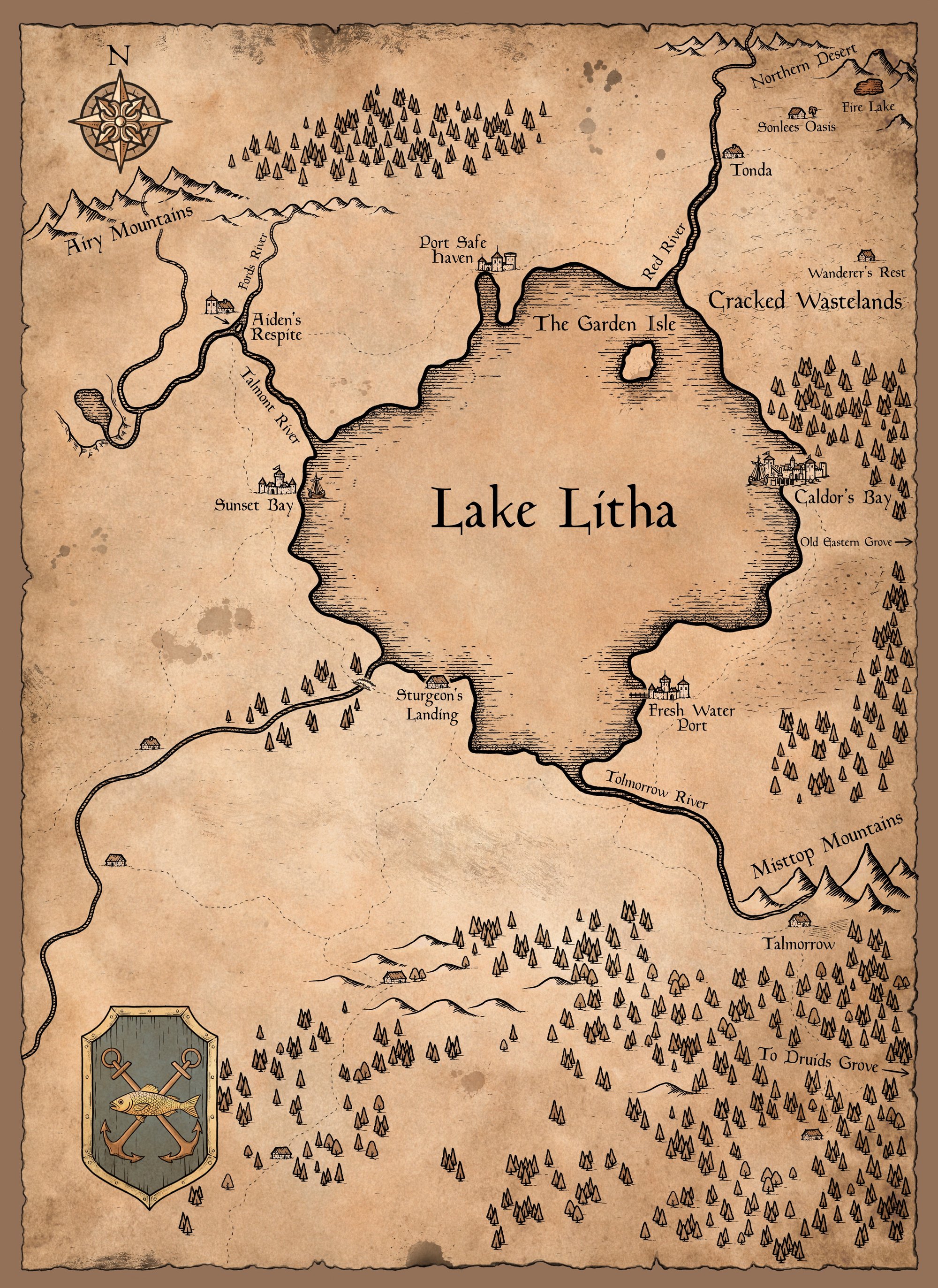 Map of Tír Litha, showing Lake Litha and the surrounding lands of Talmorrow, the Northern Desert, Fire Lake, and the Airy and Misttop Mountains